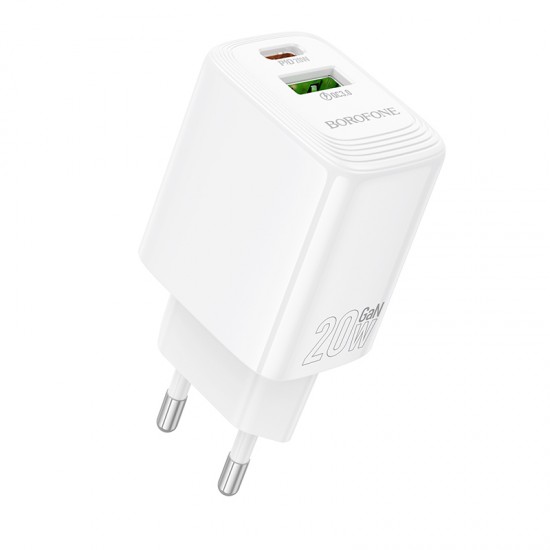 Borofone Wall charger BN27 Fuente - USB + Type C - QC 3.0 PD 20W white