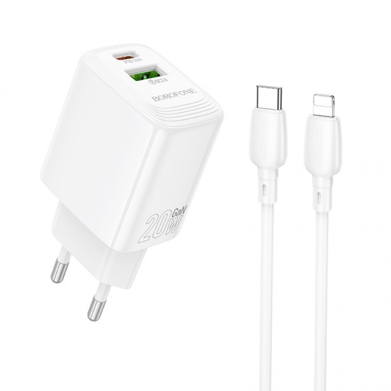 Borofone Wall charger BN27 Fuente - USB + Type C - QC 3.0 PD 20W with Type C to Lightning cable white