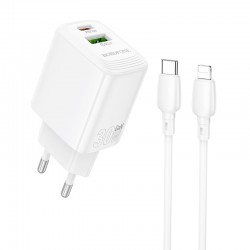Borofone Wall charger BN29 Fuente - USB + Type C - QC 3.0 PD 30W with Type C to Lightning cable white