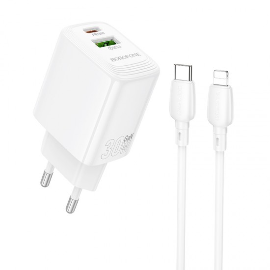 Borofone Wall charger BN29 Fuente - USB + Type C - QC 3.0 PD 30W with Type C to Lightning cable white