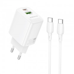 Borofone Wall charger BN29 Fuente - USB + Type C - QC 3.0 PD 30W with Type C to Type C cable white