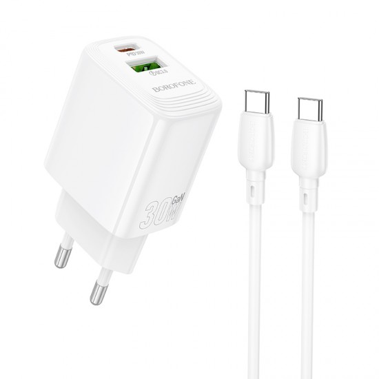 Borofone Wall charger BN29 Fuente - USB + Type C - QC 3.0 PD 30W with Type C to Type C cable white