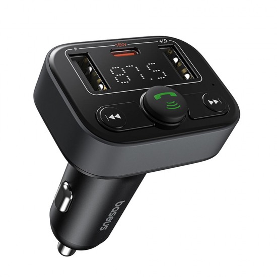 Baseus FM Modulator and Car Charger S-09 Lite Bluetooth 5.0, USB, USB-C, Display, PD18W Cluster Black

