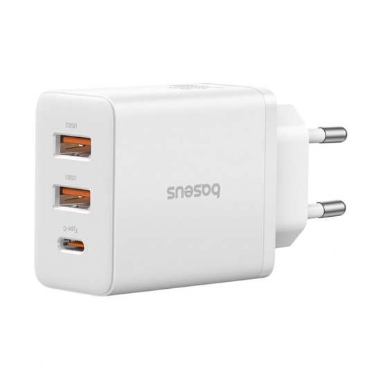 Baseus Wall Charger GaN 2x USB-A, 1x Type-C Fast Charging 30W White