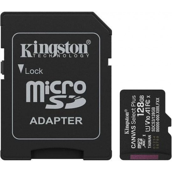 Kingston Canvas Select Plus microSDHC 128GB U1 V10 A1 UHS-I 150MB/s με αντάπτορα
