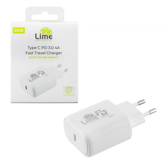 Lime Φορτιστής Χωρίς Καλώδιο με Θύρα USB-C 30W Power Delivery / Quick Charge 3.0 Λευκός (LTC30W)