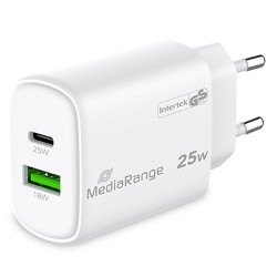 MediaRange Φορτιστής GaN USB-A και Θύρα USB-C 25W Power Delivery Λευκός MediaRange Φορτιστής GaN USB-A και Θύρα USB-C 25W Power Delivery Λευκός
