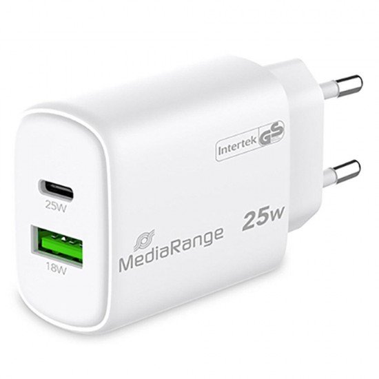 MediaRange Φορτιστής GaN USB-A και Θύρα USB-C 25W Power Delivery Λευκός MediaRange Φορτιστής GaN USB-A και Θύρα USB-C 25W Power Delivery Λευκός