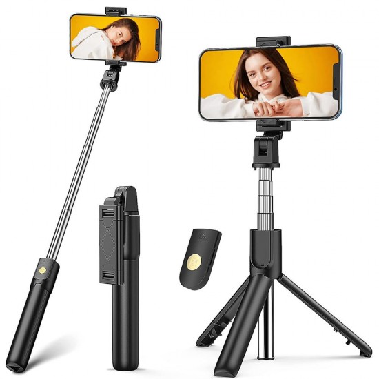 Techsuit Selfie Stick (K07) Compact Tripod Mount with Bluetooth Remote Control Foldable 70cm Black