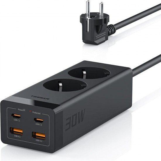 Tessan Πολύπριζο Aσφαλείας 2 Θέσεων με 2 USB-A, 2 USB-C 30W 2m Tessan Πολύπριζο Aσφαλείας 2 Θέσεων με 2 USB-A, 2 USB-C 30W 2m