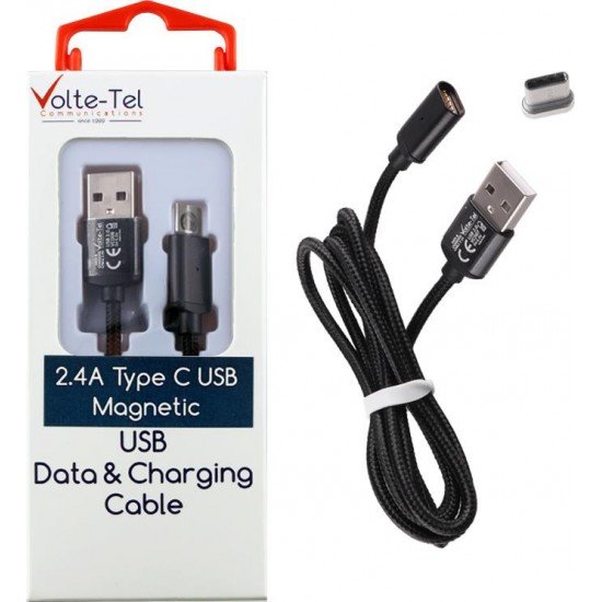 Volte-Tel Braided / Magnetic USB 2.0 Cable USB-C male - USB-A male Μαύρο 1m Volte-Tel Braided / Magnetic USB 2.0 Cable USB-C male - USB-A male Μαύρο 1m