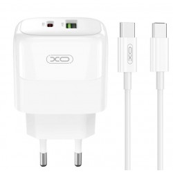 XO Φορτιστής GaN με Θύρα USB-A και Θύρα USB-C και Καλώδιο USB-C - USB-C 30W Power Delivery Λευκός