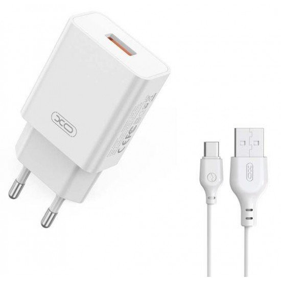 XO Φορτιστής GaN με USB-A και Καλώδιο USB-C 18W Quick Charge 3.0 Λευκός