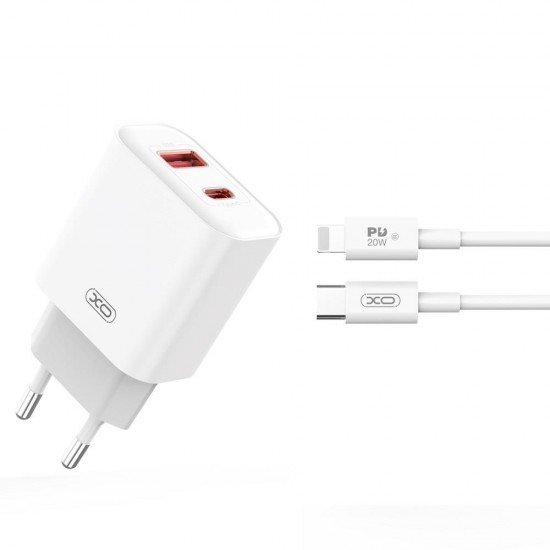 XO Φορτιστής με Θύρα USB-A και USB-C και Καλώδιο USB-C - Lightning 20W Power Delivery Λευκός (CE12)
