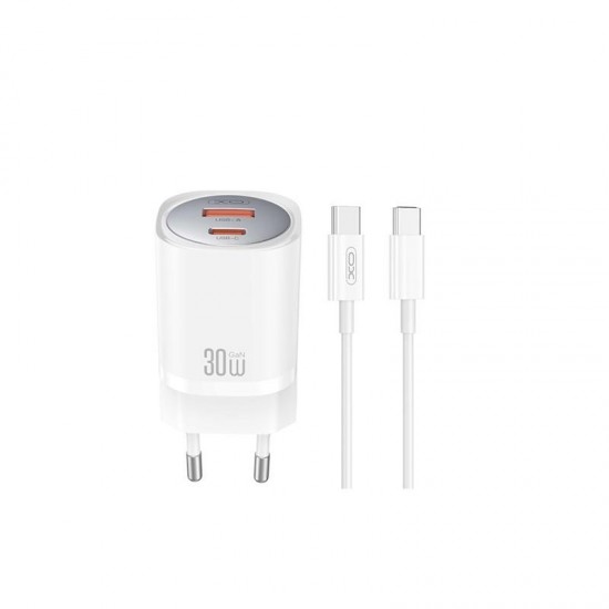 XO Φορτιστής USB-A και USB-C και Καλώδιο USB-C - USB-C 30W Power Delivery Λευκός
