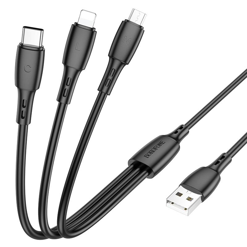 Borofone Bx71 Καλώδιο Φόρτισης 3 Σε 1 Με Micro Usb + Lightning + Type-C 1M 2A Black